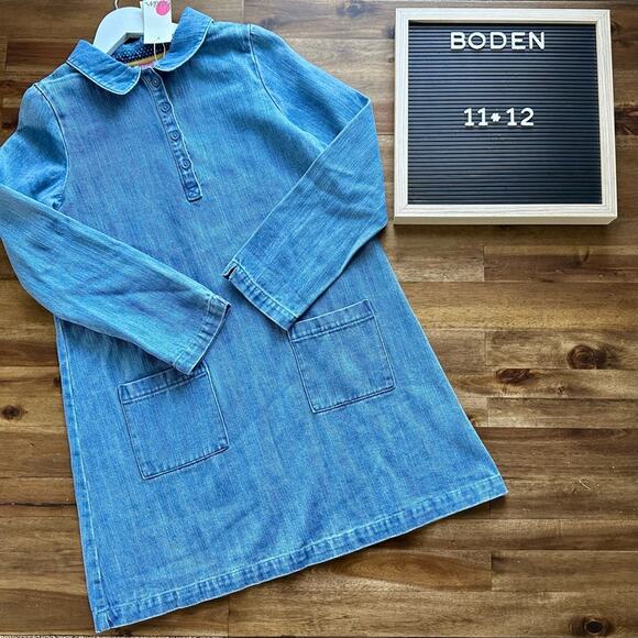 NWT Boden Blue Denim Chambray Collared Long Sleeve Shirt Dress Teen Preppy 11/12